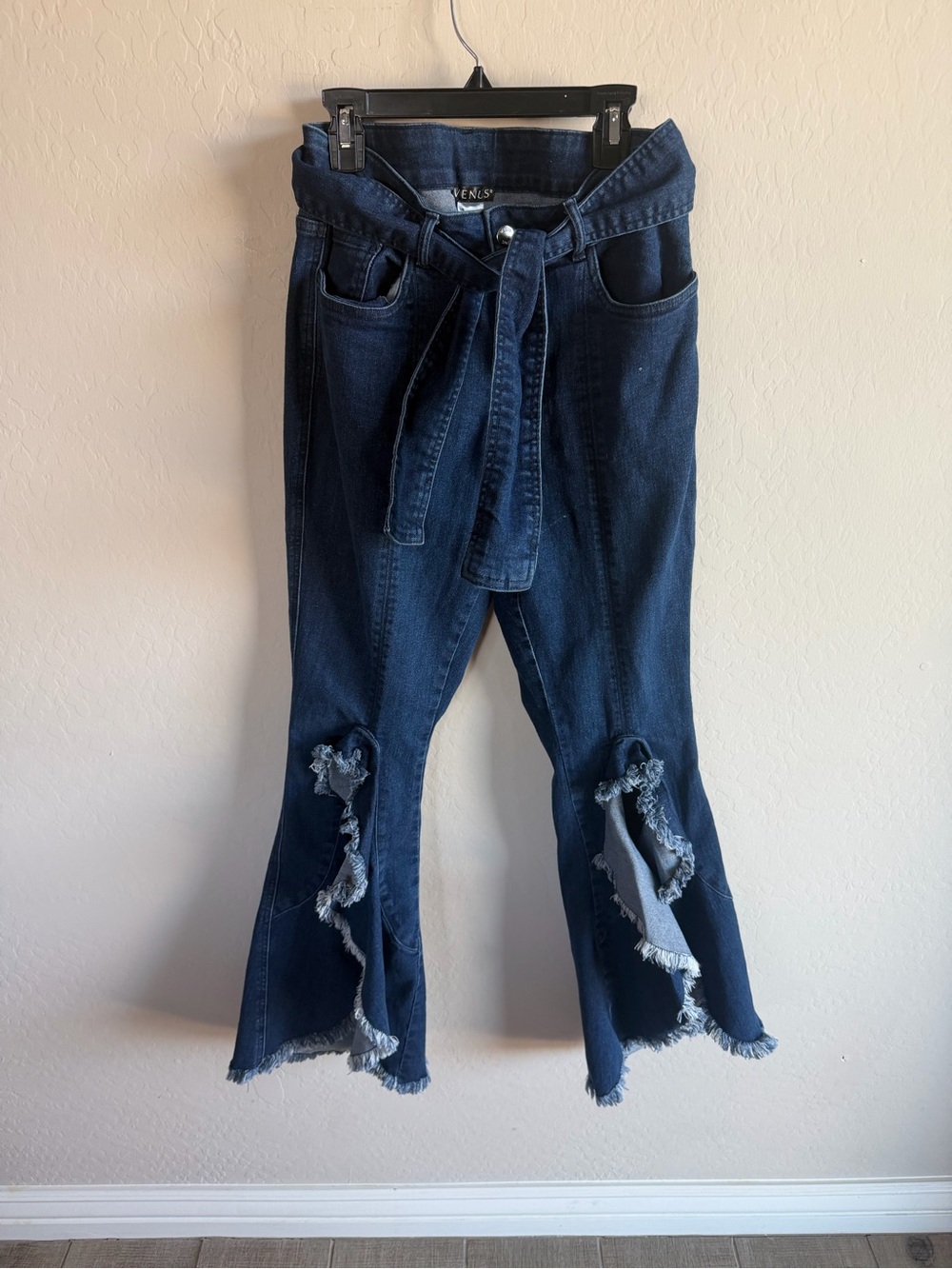 VENUS Dark Blue Distressed Flare Jeans Tie Waist Open Slit Ruffle Hem 6 Boho